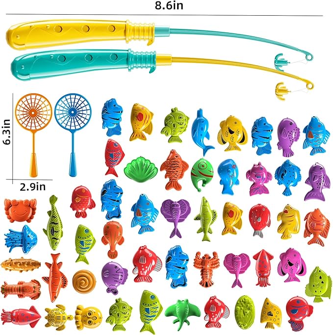 TEMI Fishing Toy Game for Kids 3 4 5 6 7 8 Years Old, 51 Fish Bath Playset for Toddlers, Toy Magnetic Rod and Fishing Net, Outdoor Water Toys for Kids Age 3-5, Party for Boy and Girl