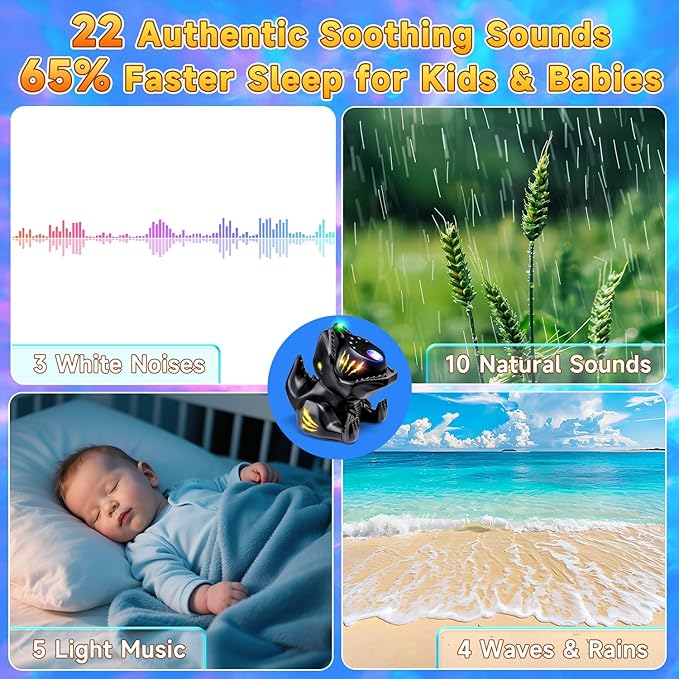 PIKOY Dinosaur Night Light & Sound Machine Baby | 22 White Noises+18 RGB Colors Galaxy Light Projector & Soothing Music | Bluetooth Speaker+Remote+Timer White Noise Machine | Dinosaur Gifts for Boys