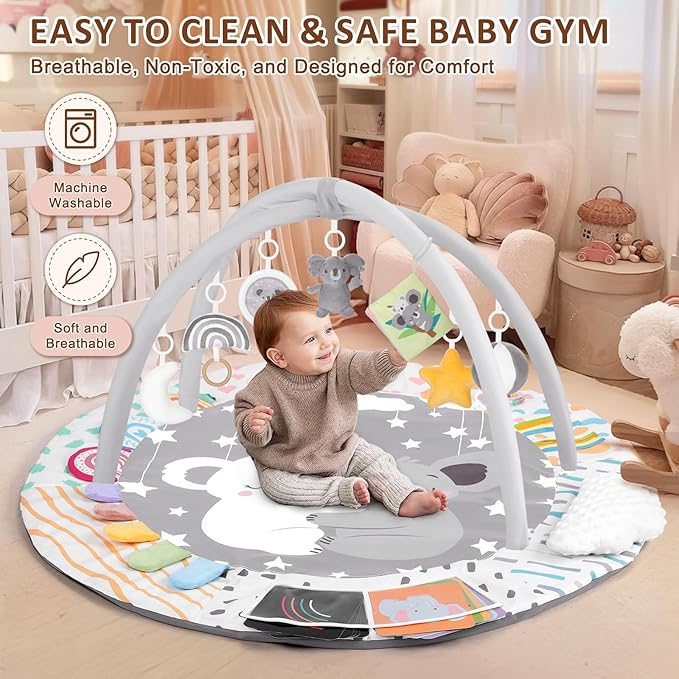 Baby Play Gym & Activity Mat, Tummy Time Mat with Tummy Time Pillow 7 Detachable Sensory Toys and Educational Cards for Motor Skills & Sensory Development, Baby Essentials Shower Gift, Grey Koala
