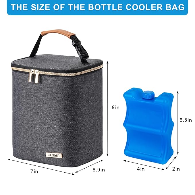 Breastmilk Cooler Bag with Ice Pack Fits 4 Baby Bottles Up to 9 Ounce, Baby Bottle Bag for Nursing Mom Daycare-Grey