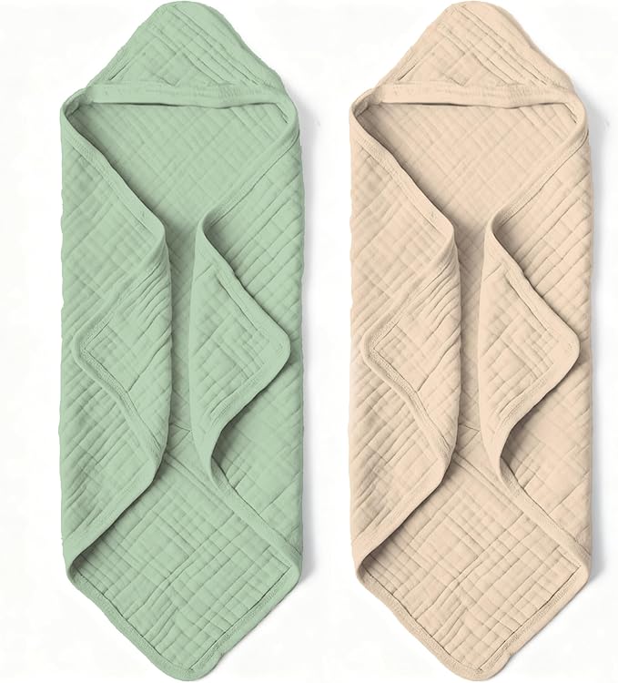 Organic Muslin Hooded Baby Bath Towels - 2 Pack 100% Organic Cotton Towel for Babies, Infants, Toddlers - 32x32Inch - Highly Absorbent and Newborn Essential(Brown Green)
