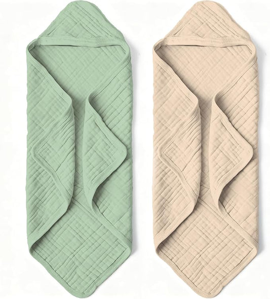 Organic Muslin Hooded Baby Bath Towels - 2 Pack 100% Organic Cotton Towel for Babies, Infants, Toddlers - 32x32Inch - Highly Absorbent and Newborn Essential(Brown Green)