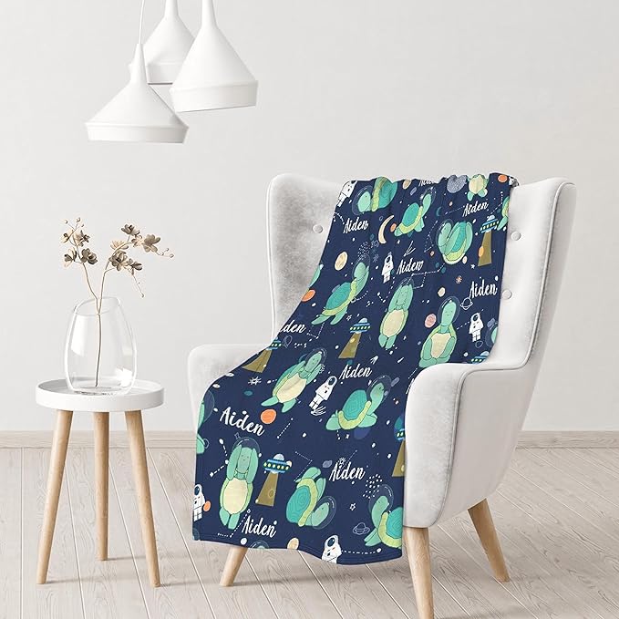 Personalized Custom Baby Blanket with Name - Astronaut Turtle Swaddle Blanket for Toddlers Infants Kids Shower Newborns Nursery Stroller Crib Decor Throw Birthday Gift