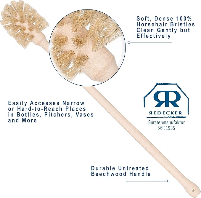 REDECKER Extra Long Bottle Brush Cleaner: Durable Horsehair and Beechwood Handle, Ideal for Vases, Pitchers, Mugs, and Baby Bottles, 16-1/2 Inch, Dense Natural Bristles, Made in Germany