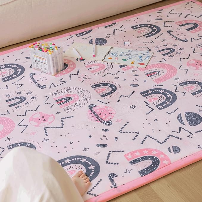 Loartee Rainbow Kids Play Mat - 1" Thick Baby Nursery Rug, Soft Crawling for Toddlers, Coral Velvet Memory Foam Tummy Time, Pink, 59"x59"