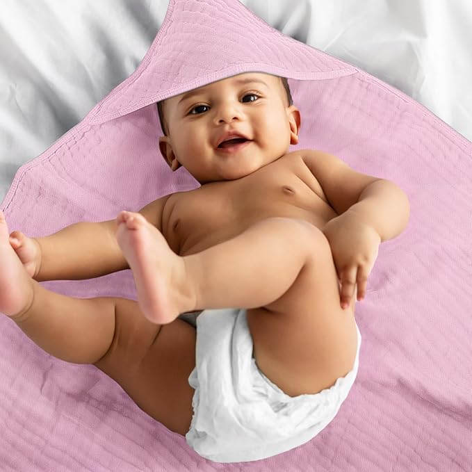 Preboun 6 Pcs Muslin Hooded Baby Towels and Washcloths 32"x 32" Cotton Newborn Bath Towel Anti-Shrink Infant Baby Blankets with Hood 12"x 12" Washcloths for Girl Boy Toddler(Rose Red,Pink)