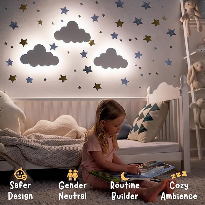Nursery Night Light – Dimmable Cloud Wall Light for Kids and Baby Room Decor – Rechargeable LED Light with Touch Control for Bedtime Routines (Star Decals Included)