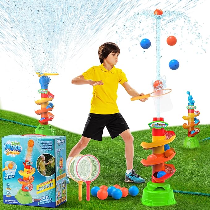 Water Rocket Sprinkler for Kids, Outdoor Sprinkler Rocket Launcher Toy for Backyard, Summer Water Toys for Kids Ages 3-12, Fun Water Powered Rocket Toy (3-in-1-ball)