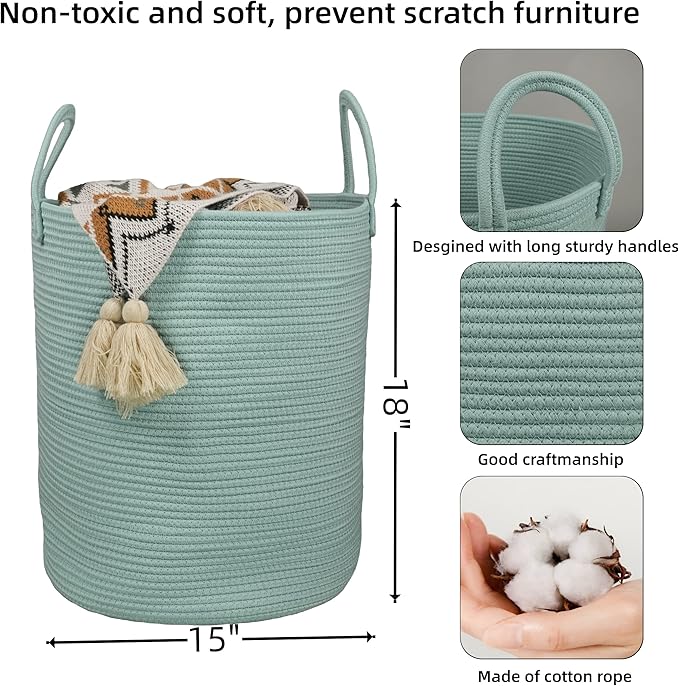 Cotton Rope Laundry Basket Hamper for Clothes Woven Storage Basket for Living Room Bedroom Boho Tall Rope Baskets for Blanket Toys Pillow Towels Baby Nursery Hamper Bin Large light green