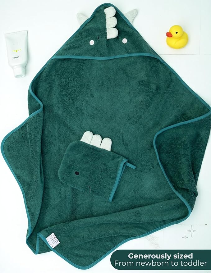 Hooded Baby Towel with Mitt - Ultra Soft Plush Bath Essential for Newborn, Infant & Toddler - Premium 30x30 Inch Large Absorbent Baby Bath Towels with Hood for Boys & Girls (Happy Dino)