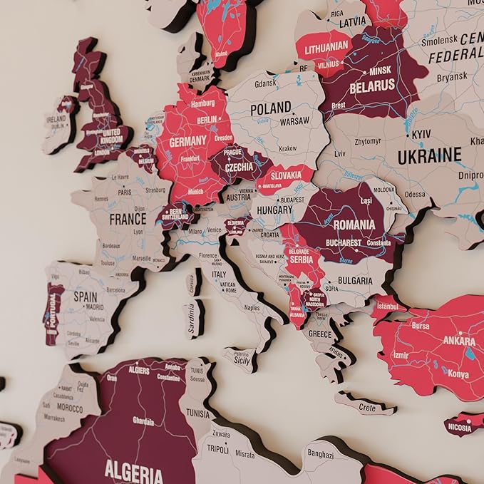 Colorfull Worlds 3D Wooden World Map Wall Art - Premium Multicolored World Travel Map for Wall Decor with Push Pins- Ideal Housewarming Gift & Travel Tracker (XLarge, Crimson)