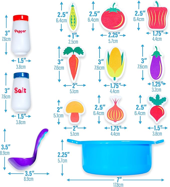 Tub Works® Tub Soup™ Scoop, Strain & Play Toddler Bath Toy | Floating Foam Veggies, Ladle for Scooping & Soup Pot for Straining | Pretend Play Cooking Kids Bath Toys | Creative Bathtub Toys