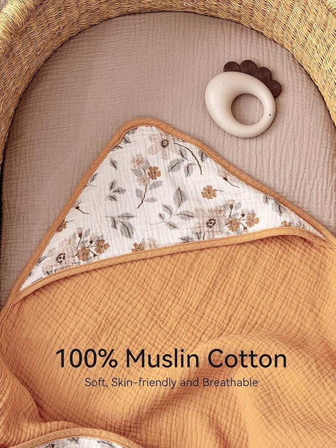 TILLYOU Muslin Hooded Baby Towels for Newborn 2 Pack, 32x32Inch Soft Baby Bath Towel Highly Absorbent for Newborn and Infant, Essential for Newborn Care, Yellow Flower