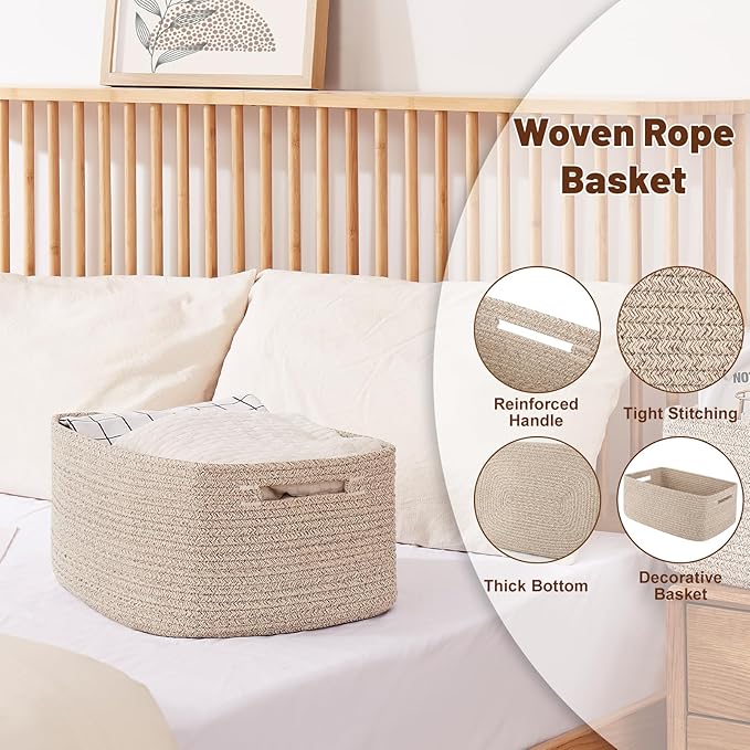OIAHOMY Storage Basket for Shelves, Closet Cube Storage Bins Baskets for Clothes Blanket Towels, Baby Nursery, Toy Baskets Box, Woven Rope Basket, 17.72*12.99*7.87 IN, 2 Packs Brown