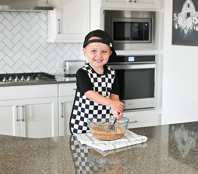 BapronBaby Black Checkerboard Bapron - No Neck Tie Safer Bib for Baby & Toddler - Soft Waterproof Stain Resistant - Machine Washable - Sz Preschool 3-5yrs