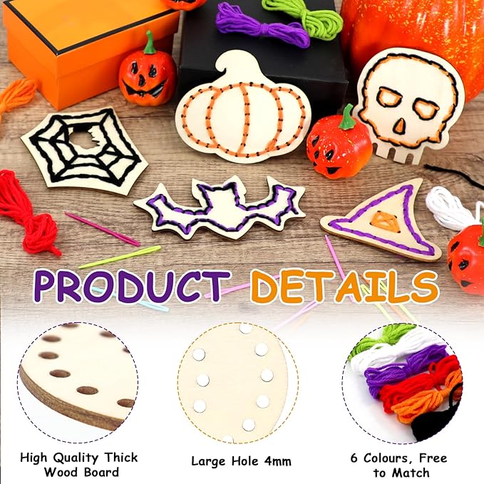 Lacing Cards, 24 Pcs Sewing Cards, Yarn & Needles, Halloween Sewing Crafts for Boys Girls, Fine Motor Skills Threading Crafts for Halloween Party Favors Classroom Activities Art Project Supplies