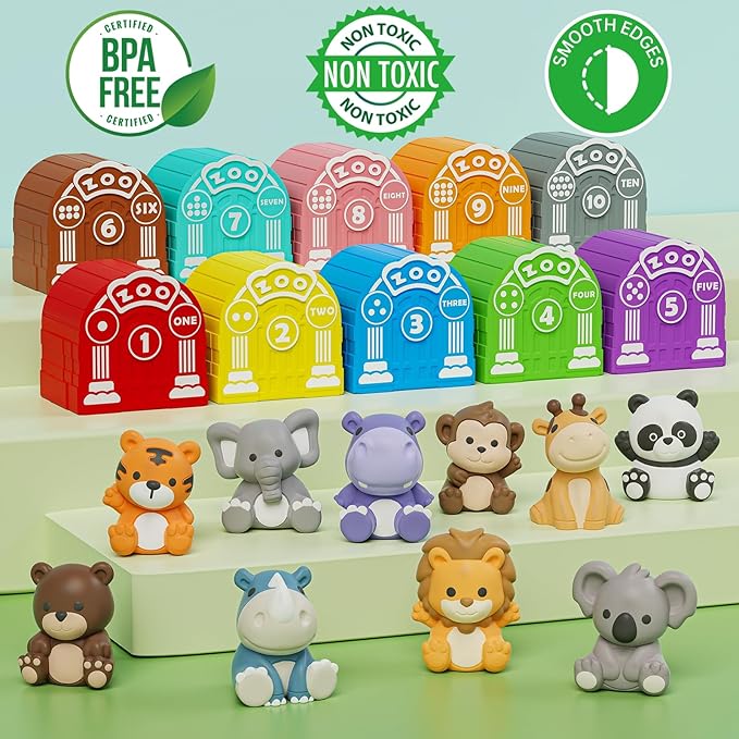 Learning Toy for Toddlers 1 2 3 Year Old, Montessori Educational Counting, Matching & Sorting Sensory Toys, 10 Safari Animals & 10 Zoos, Birthday Easter Gift for Baby Boy Girl Age 12-18 Months