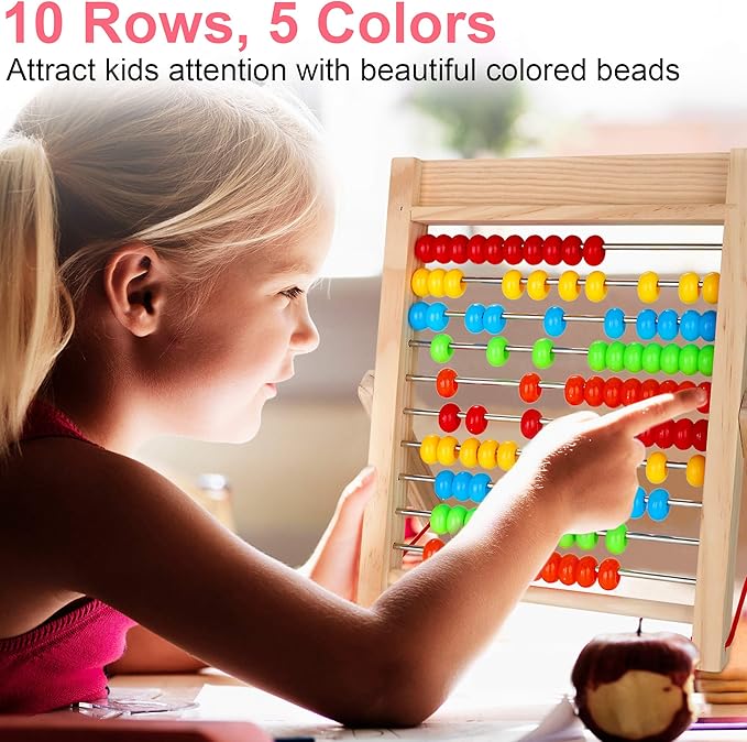 KIDWILL Preschool Math Learning Toy,10-Row Wooden Frame Abacus with Multi-Color Beads, Counting Sticks, Number Alphabet Cards, Gift for 2 3 4 5 6 Years Old Toddlers Boys Girls