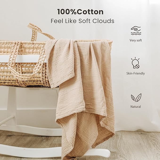 Konssy Muslin Swaddle Blankets for Baby Girls Boys, 3 Pack Receiving Blanket Large 47 x 47 inches, Soft Breathable Muslin Baby Blanket for Unisex Newborn (Peach Blossom Sun)