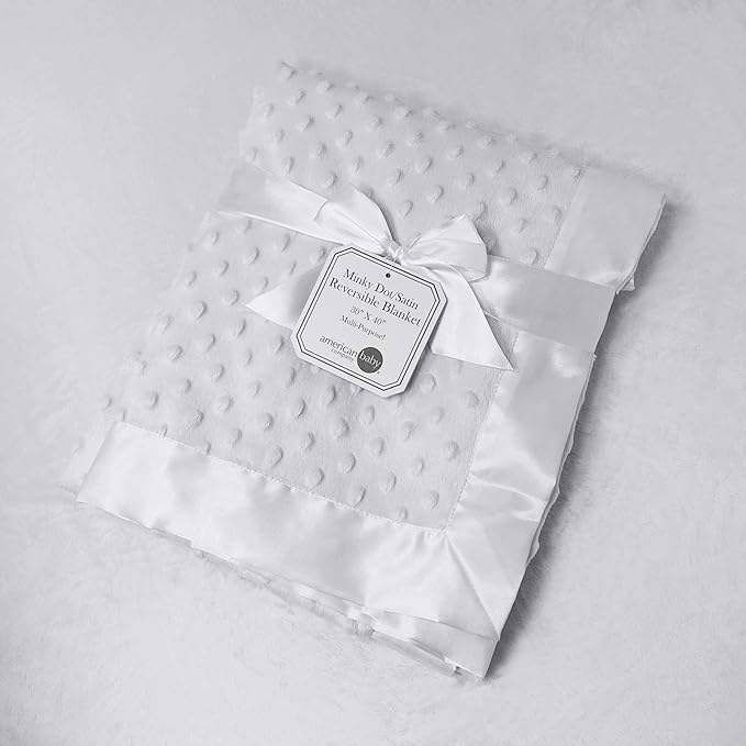 American Baby Company Heavenly Soft Chenille Receiving Blanket, 2-Layer Design with Minky Dot & Silky Satin, White, 30" x 40" for Boys and Girls