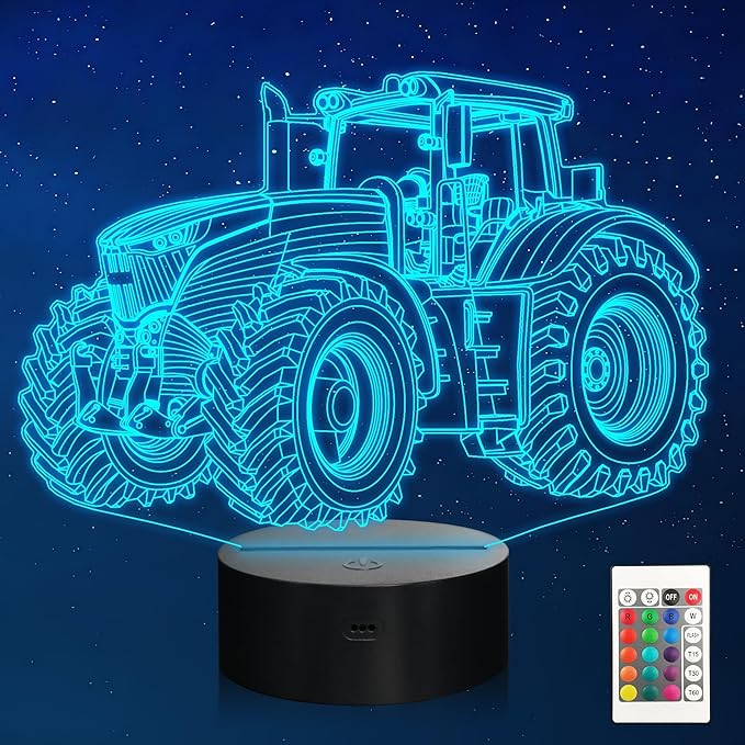 Tractor Night Light, Truck 3D Illusion Optical Hologram LED Lamp with 16 Color Changing, Remote Control, Timer, Table Bedroom Decor Creative Chrismas Birthday Gift for Kids Boys Grandson Men