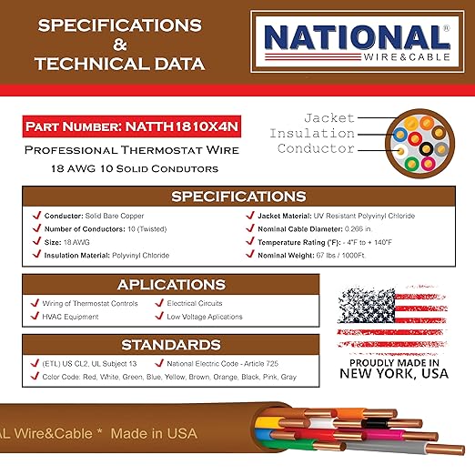 18/10 50Ft. NATIONAL Wire&Cable Thermostat Doorbell HVAC Heating Control Professional Cable Wire - Made in USA - 100% Solid Copper Conductors, CL2 ETL Listed, Low Voltage Applications Use