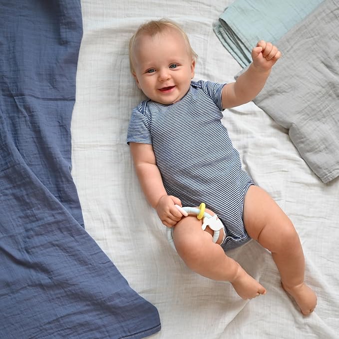 Muslin Swaddle Blankets, Baby Swaddle Blanket, Large 47 x 47 inches Muslin Baby Blanket wrap for Baby Boys and Girls, 4 Pack, Solid Color, Grey Blue White Green