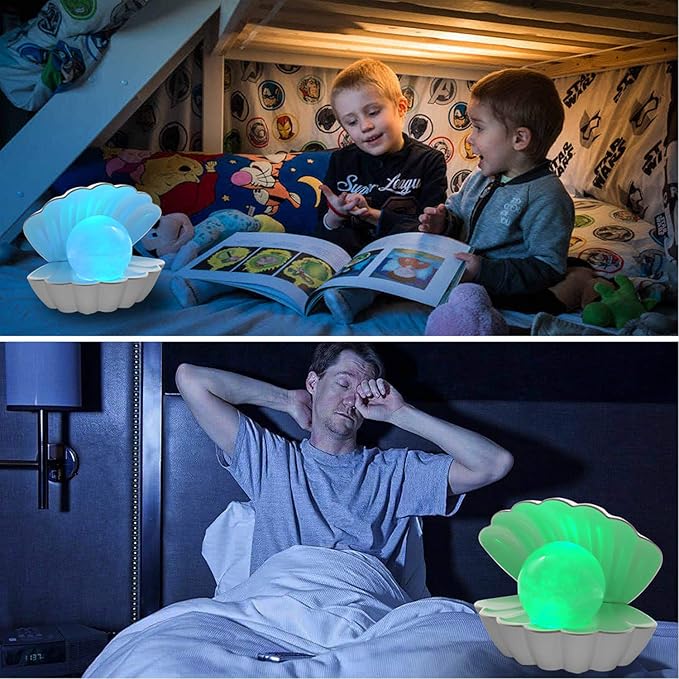 Shell Pearl Beach Themed Night Light, RGB 8 Colors Changing Mood Shell Pearl Lamps, Bedside LED Clamshell Portable Night Lights for Bar (White)