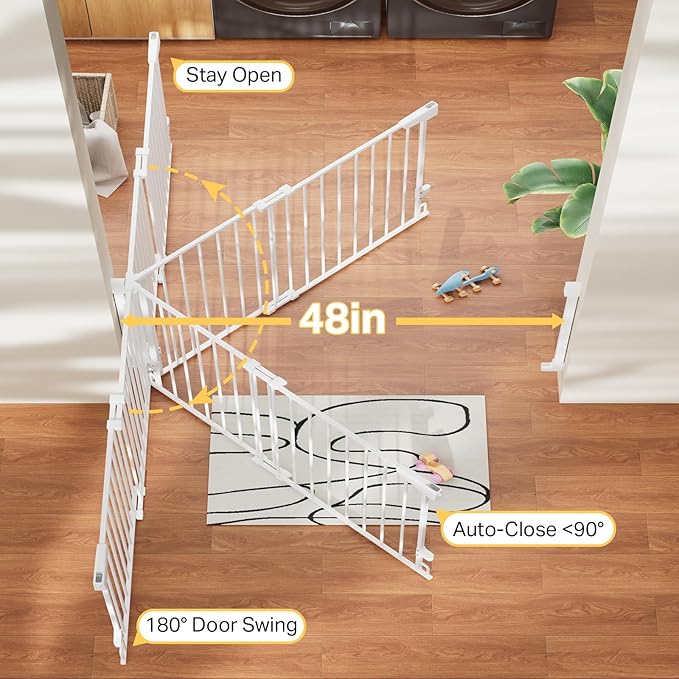 Cumbor Expandable 31.6-48" Baby Gate for Stairs, Wall-Mounted, 2-in-1 No Bottom Bar Dog Gate Indoor, Auto Close Pet Gate for Doorways with Large Walk Thru Door, Child-Proof Gate for Kids (White)