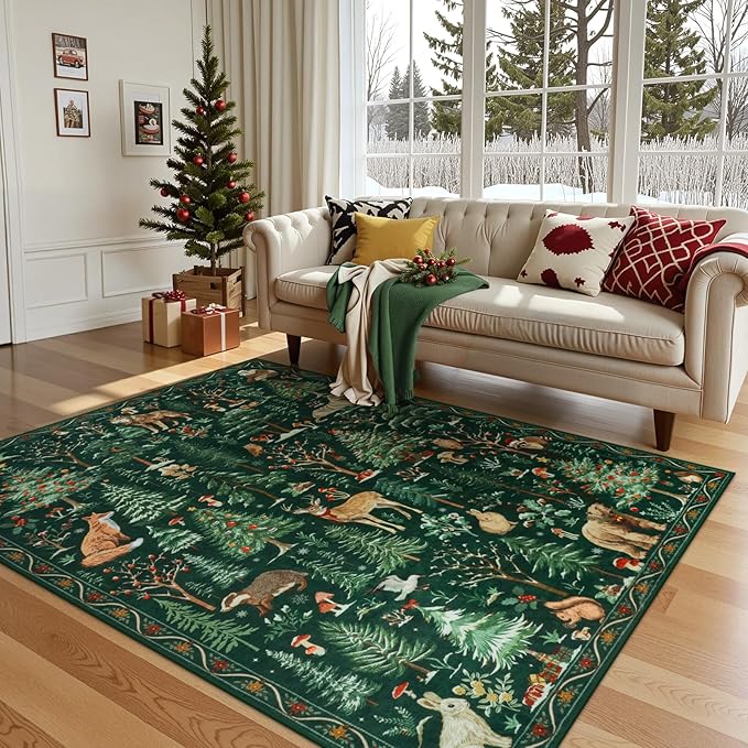 OJIA Christmas Area Rug 5x7 Washable Rugs for Living Room, Green Animal Bedroom Carpet Ultra-Thin Non-Slip Nursery Rug, Xmas Holiday Rug Indoor Carpet for Kids Playroom Entryway Dining Room