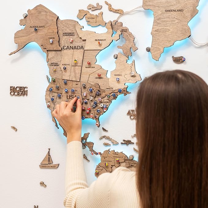 Enjoy The Wood 3D Wood World Map LED 3.0 Wall Art Modern Home Decor Gifts LED Lighting Wall Decor Housewarming Gift (Terra)