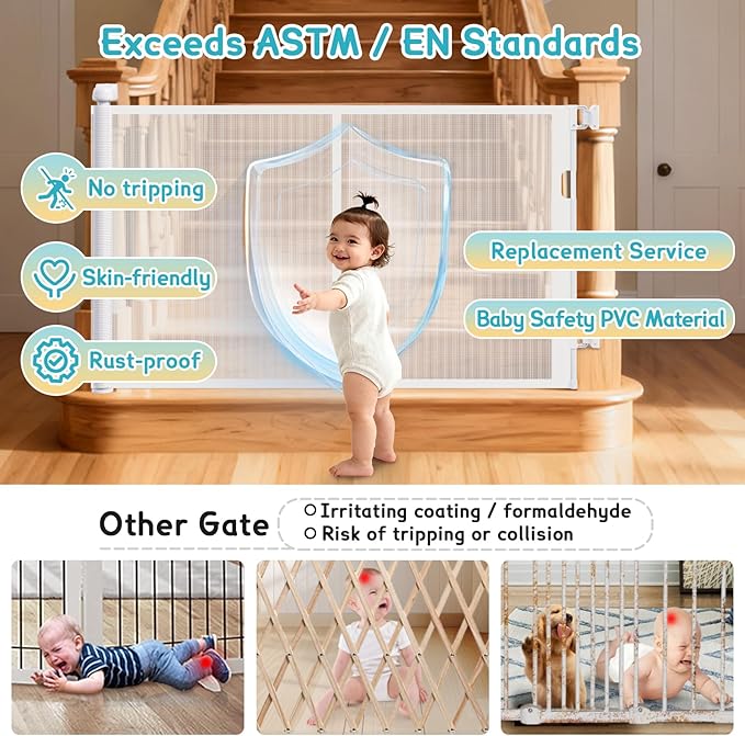 71'' Retractable Baby Gates Extra Wide for Stairs, 42" Tall White Mesh Dog Child Pet Safety Indoor Outdoor Retractable Gate for Doorways, House, Hallway, Deck with Reinforcement Strips