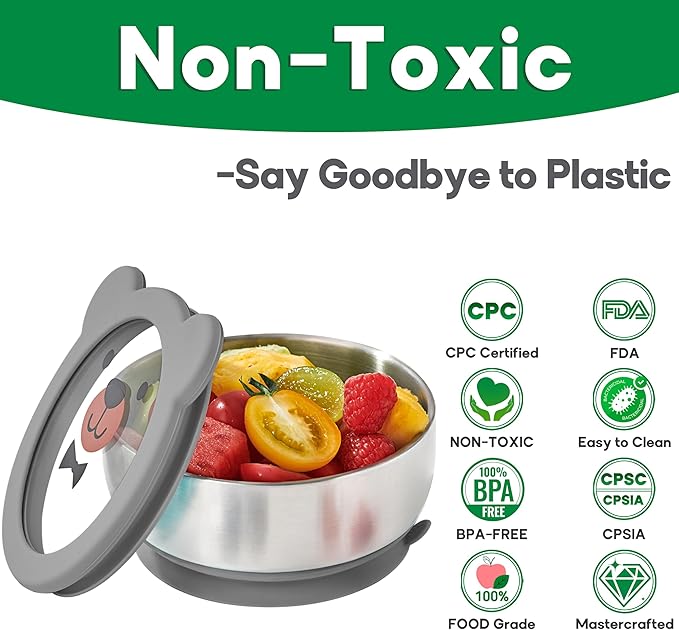 BPA-Free 100% Food-Grade Stainless Steel Baby Bowls with Suction Toddler Bowl Double-Layer Insulated Kids Bowls with Non-Slip Silicone Suction Cup Infant Bowls with Spoon Airtight Glass Lids Gray