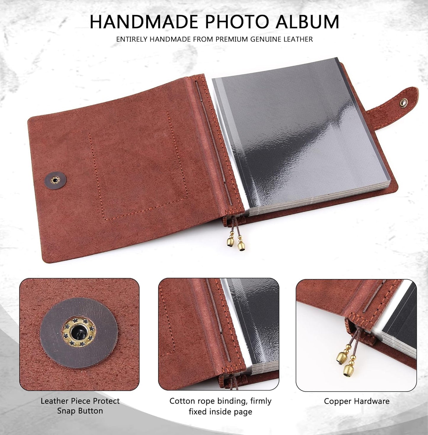 Leather photo Album Self Adhesive Pages, Handamde Leather Scrapbook Photo Album, Wedding Family Album, Holds 3x5, 4x6, 5x7, 6x8 Photos - Coffee