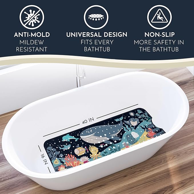 Homerella Baby Bath Tub Mat | Anti Mold Mildew Resistant Non Slip Kids and Adult Bath Tub Shower Mats | 40x16 inch Long with Suction Cups for Secure Grip Hooks for Storage & Drying | Machine Washable