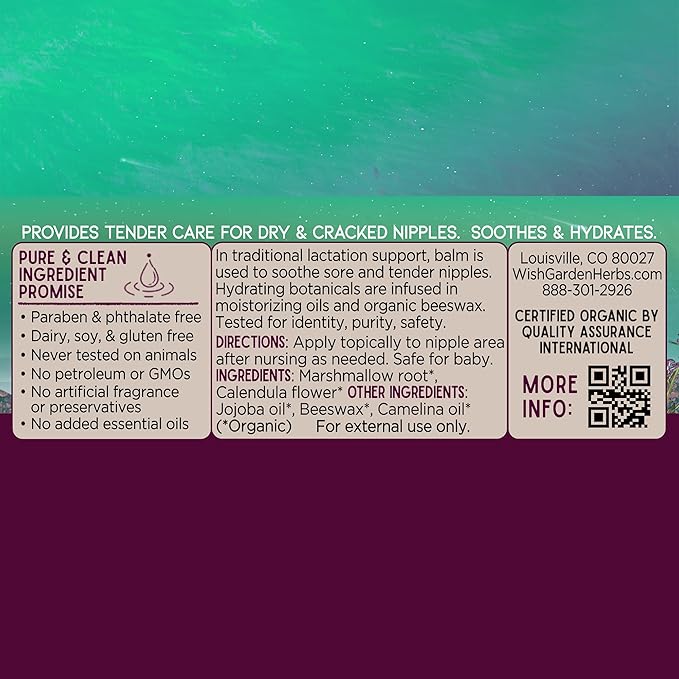 WishGarden Herbs New Mother Nursing Balm - Certified Organic Nipple Balm with Marshmallow Root & Calendula Flower, Hydrates and Soothes Dry and Cracked Nipples, Safe for Baby, Lanolin-Free, 2oz