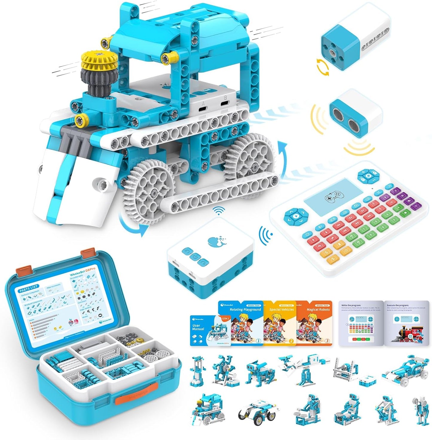 WhalesBot D3 Pro 12-in-1 STEM Wecode Pad Coding Robot Kit for Kids, 388-Piece Educational Building Set with Interactive Storytelling, Ideal Toy Gift for Boys & Girls Ages 6-8