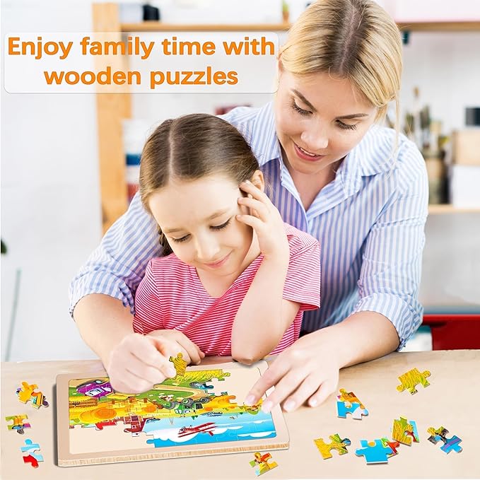 Christmas Wooden Puzzles for Kids Ages 4-6,6 Pack 60Pcs Jigsaw Wooden Car Truck Puzzles for Toddlers 3-5,Preschool Educational Brain Toys Gifts for Boys and Girls 2 4 3 5 Year Old（Vehicle）