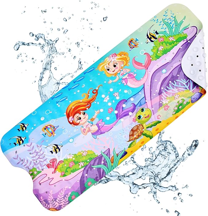 VANNOKOR Baby Bath Mat for Tub Non Slip Kids, 40 X 16 Inch Extra Long Bathtub Mat with Drain Holes and Suction Cups, Anti Slip Shower mat Machine Washable, Mermaid