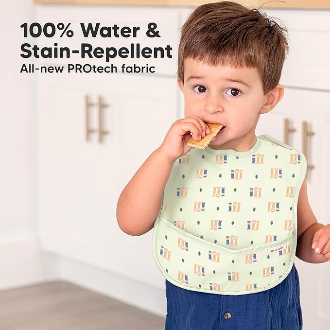 KeaBabies 3-Pack Waterproof Baby Bibs for Eating - Lightweight Toddler Feeding Bibs with Large Food Catcher, Mess Proof, Food-Grade Baby Eating Essentials, Easy to Put On & Clean (Toy Land)