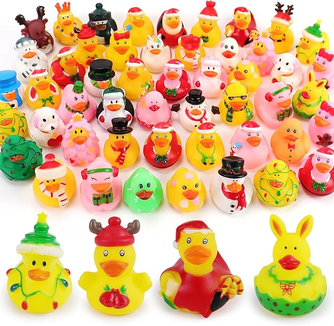 50Pcs Christmas Rubber Ducks for Boys, Girls, Kids and Toddlers,Christmas Ducks for Jeeps Ducking, Xmas Themed Duck Bathtub Pool Toys Christmas Party Favor Stocking Stuffers Gifts