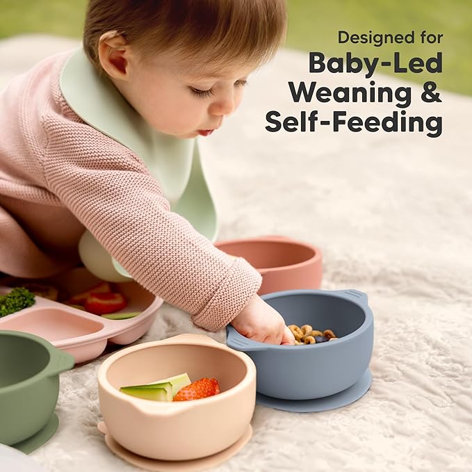 KeaBabies 2-Pack Baby Bowls with Suctions, Lids - Silicone Toddler Suction Bowls for Baby Boy, Girl, Kids, Food Grade Silicone, BPA-Free, Dishwasher Safe, Toddler Eating Essentials (Slate)
