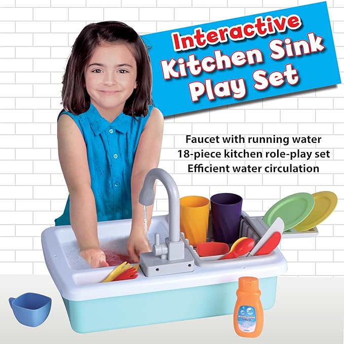 Small World Toys Play Sink with Running Water, Kids Play Kitchen Sink Toys for Kids Age 3+, Automatic Faucets with Realistic Dishes, Toddler Sink Pretend Play Set Gifts for Girls and Boys