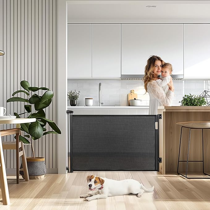 Retractable Baby Gate, 34" Tall, Extends up to 55" Wide, Durable Auto-Lock Baby Gates for Stairs, Mesh Dog Gate and Child Safety Gates for Doorways, Hallways, Indoor, Outdoor(Black)