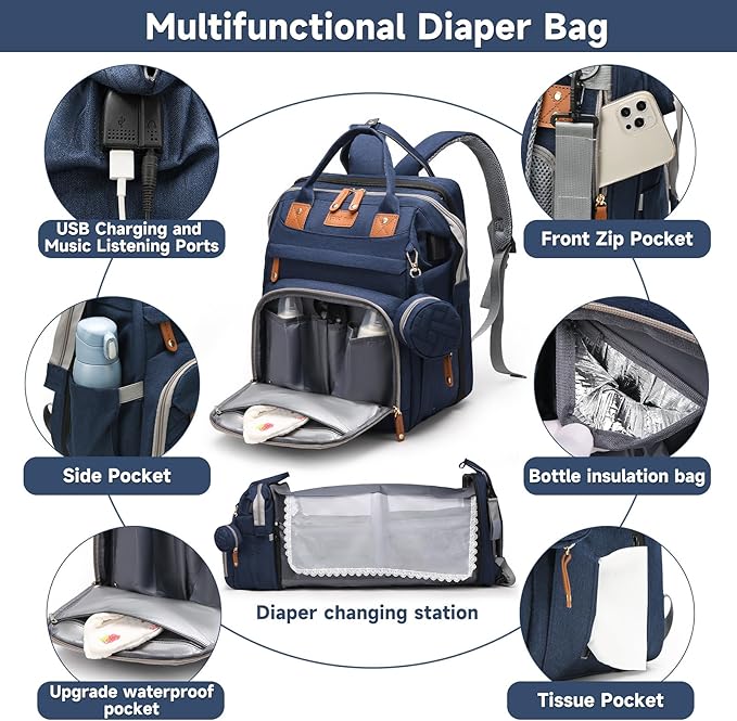 Baby Diaper Bags with Changing Station, Large Capacity Diaper Bag Backpack for Moms Dads with USB Charging Port,Travel Baby Bag with Pacifier Case & Stroller Straps(Up-Blue)