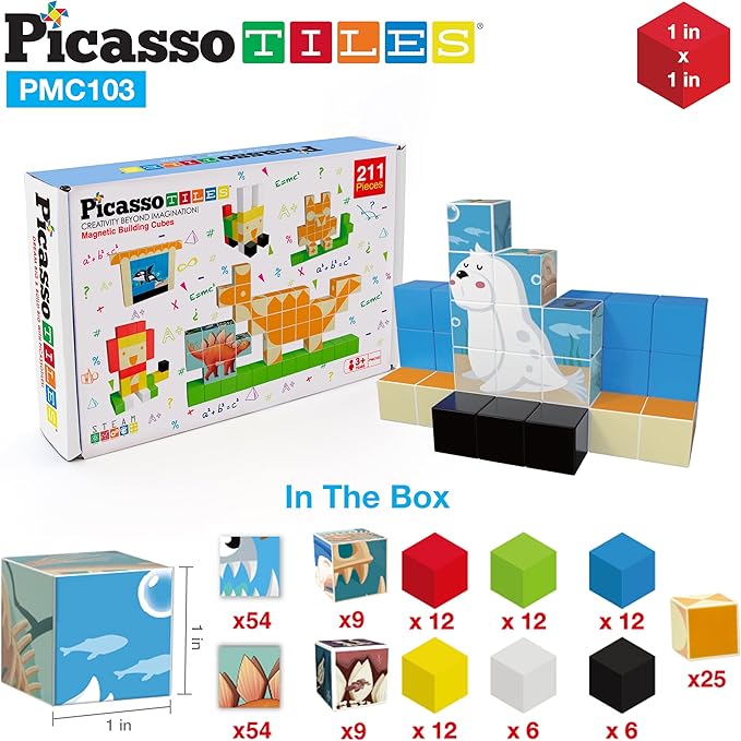 PicassoTiles 103 Pieces 1" Magnetic Toy Building Block Cubes Building Block, 3D Cube Construction Cubes Magnet Sensory Toys Gifts Educational with Free Idea Book for Kid, Boy, Girl & Toddler PMC103