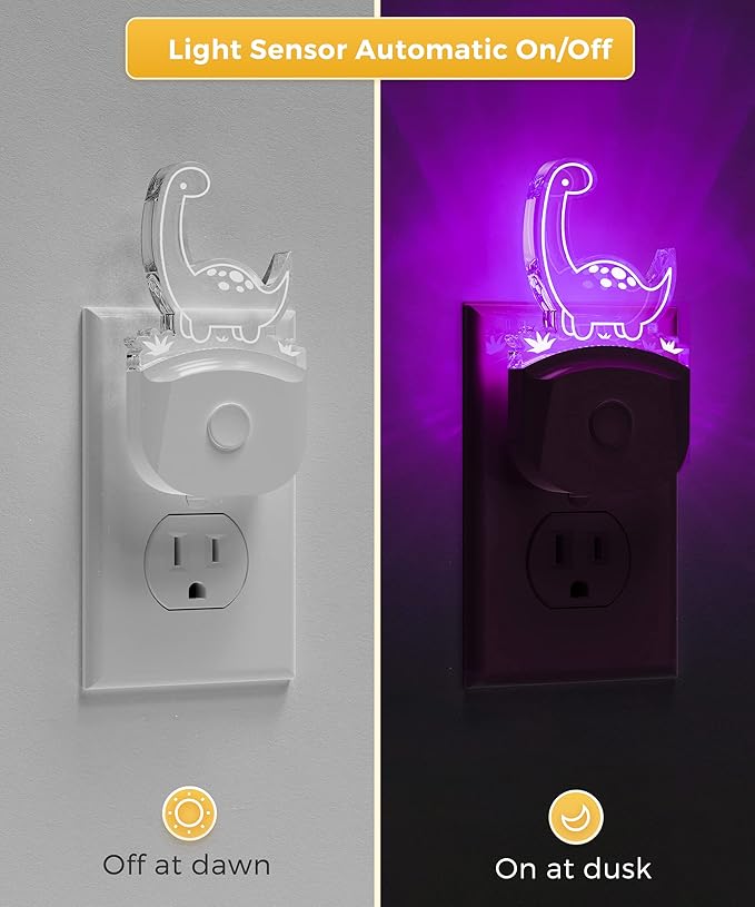 LOHAS Dinosaur Night Light for Boys, Kids Nightlight Plug in, Dusk to Dawn, LED Nursery Night Lights Plug into Wall, 3 Lighting Modes, Color Changing, RGB+Soft White 3000K, for Children, Bedroom Décor