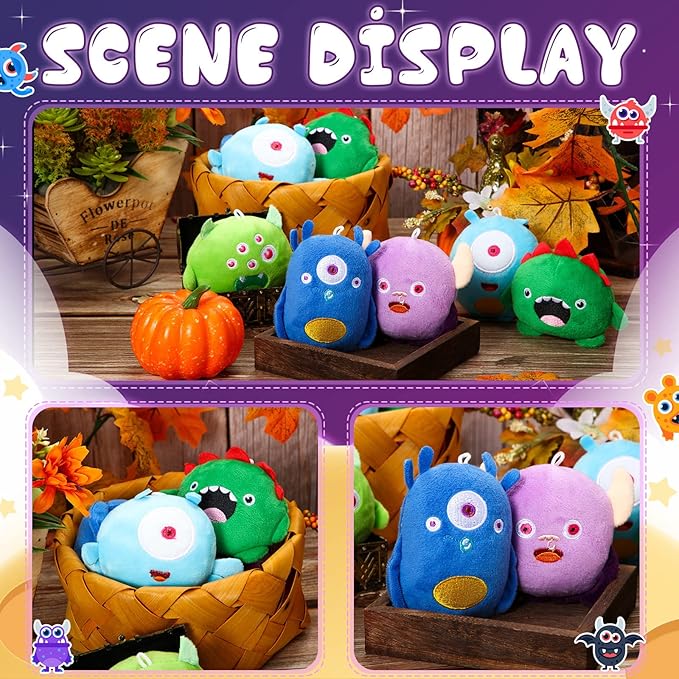 Aoriher 15 Pcs Monster Stuffed Toys Bulk Mini Stuffed Animals 3.2 Inches Small Plush Keychain for Operation Christmas Items Baby Shower Favors Bag Fillers Halloween Classroom Prizes, 5 Styles