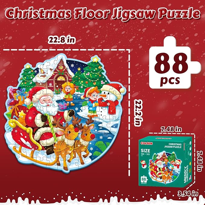 Christmas Floor Puzzle for Kids Ages 3-5 & 4-8, 88 Piece Blue Cardboard Jigsaw Puzzles for Kids, Learning Educational Toys Birthday, for 3 4 5 6 Year Old Girls & Boys