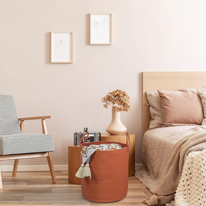 Cotton Rope Laundry Basket Hamper for Clothes Woven Storage Basket for Living Room Bedroom Boho Tall Rope Baskets for Blanket Toys Pillow Towels Baby Nursery Hamper Bin Large rust red